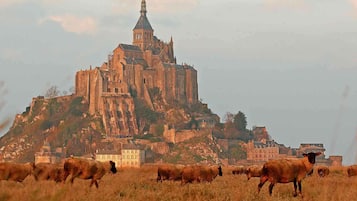 A historic castle with a prominent tower and a large building in the foreground.