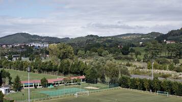 A sports field with a green pitch, goalpost, and surrounding fencing.