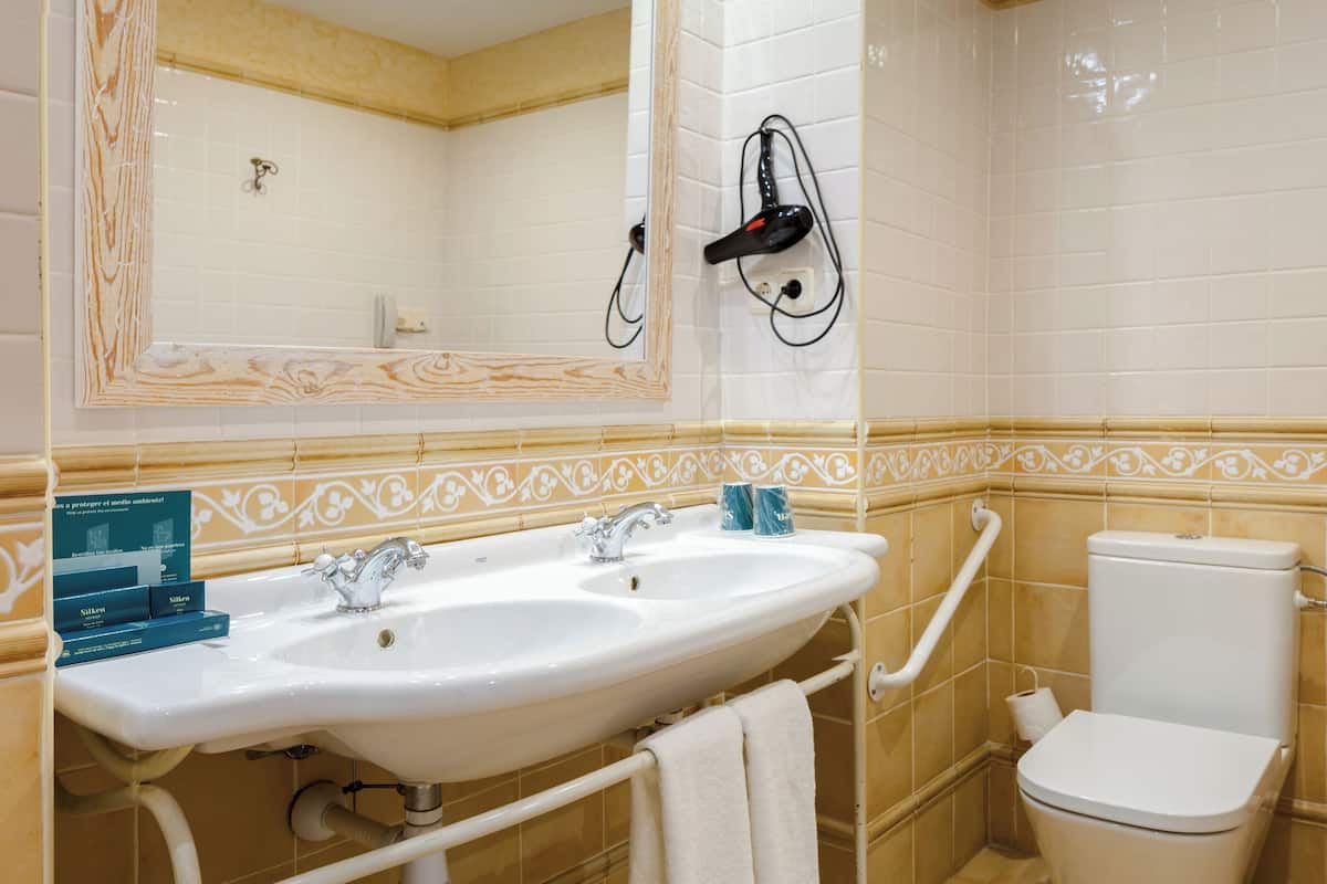 shower, hair dryer, bidet, towels