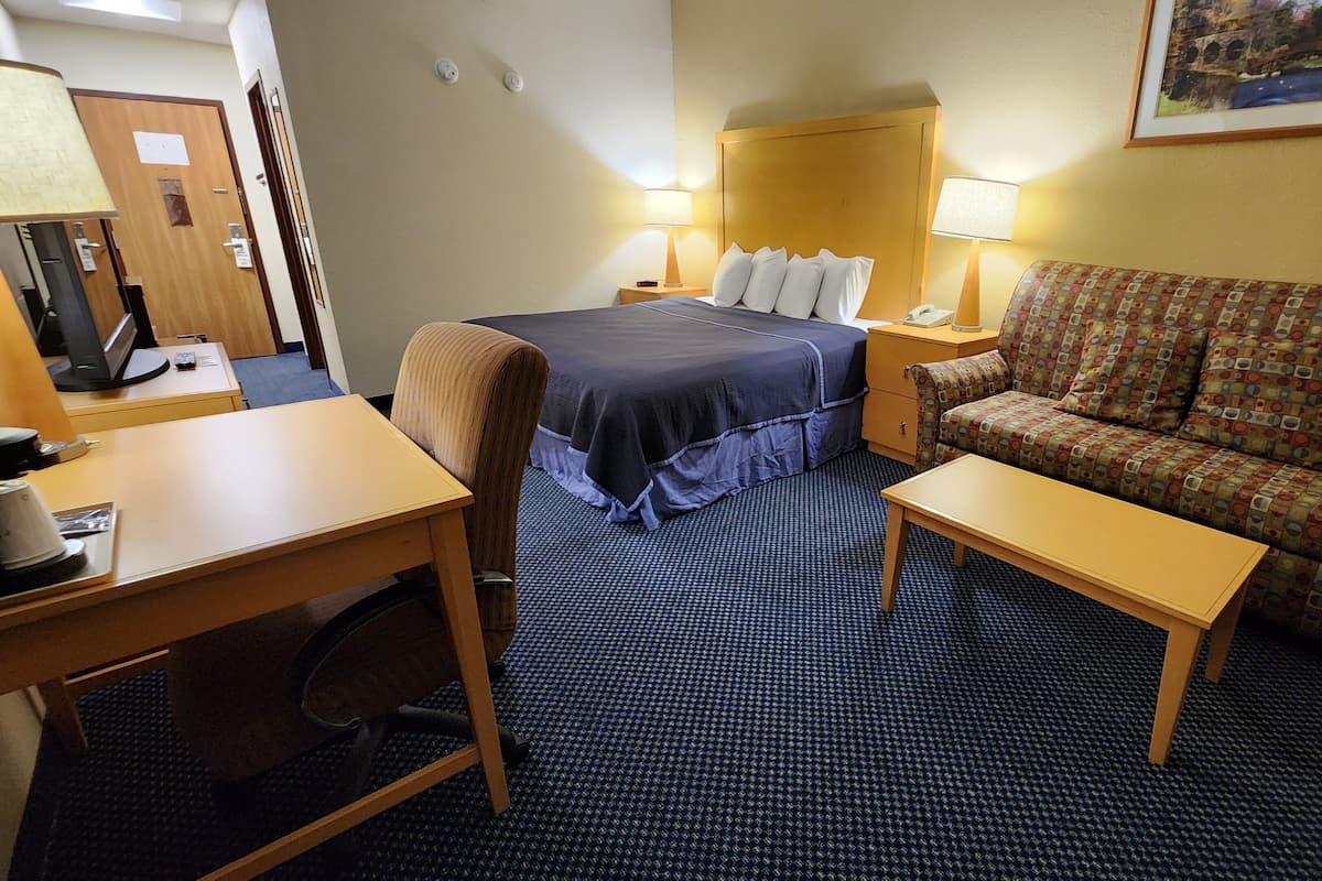 A hotel room with a bed, a sofa, a desk, and a computer.