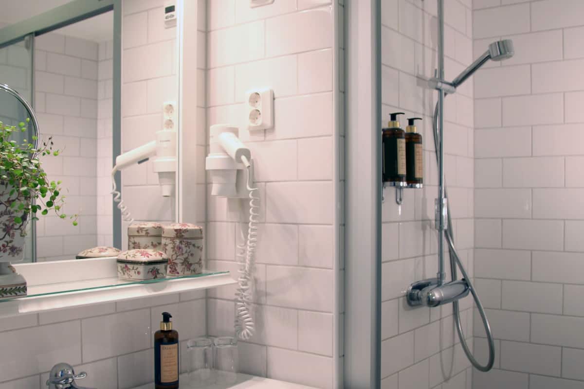 shower, free toiletries, hair dryer, towels