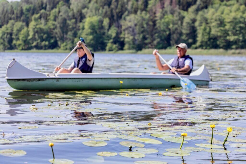 Two people in a rowboat on a lake with lily pads and a forest in the background.