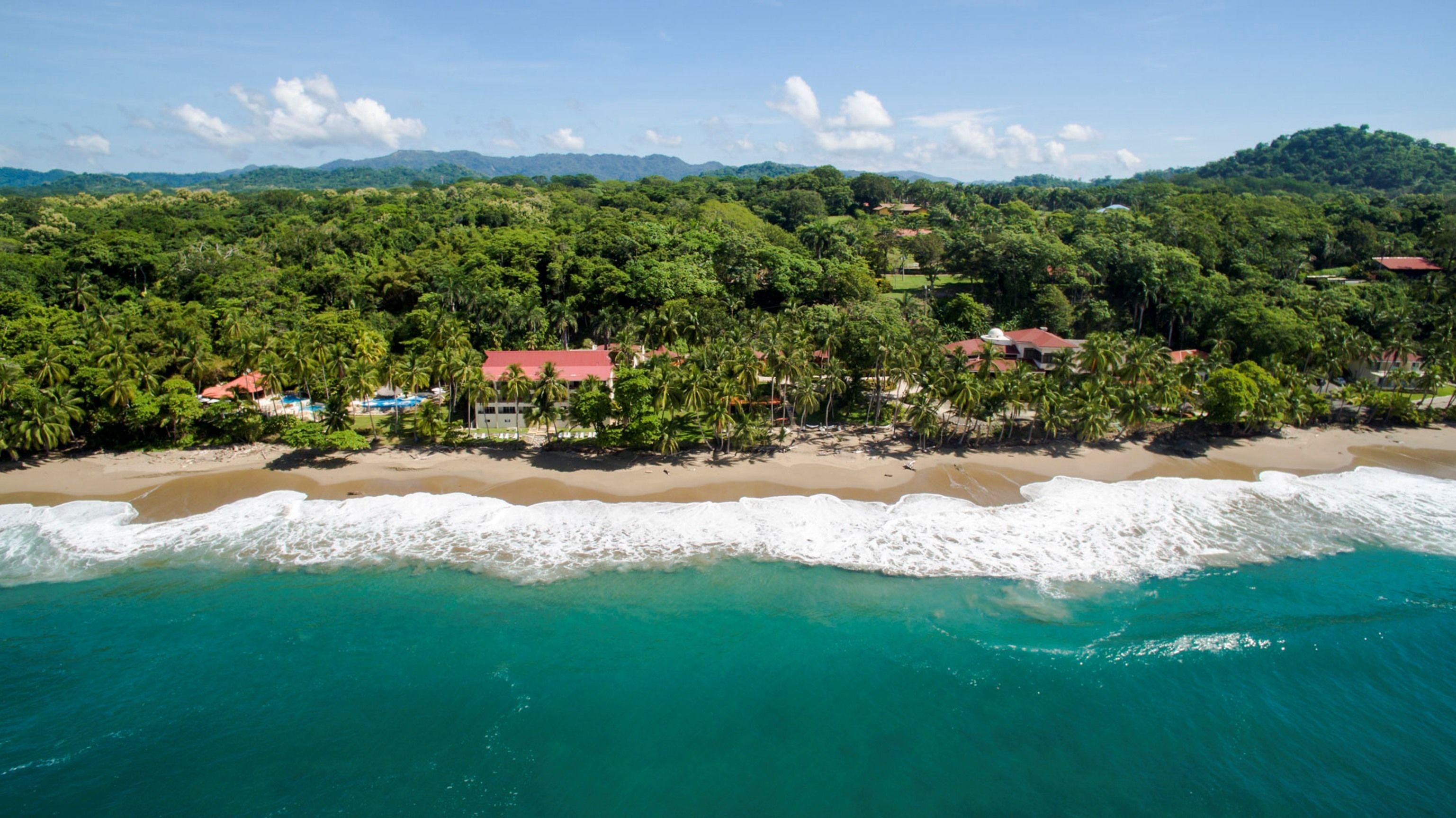 A coastal area with a beach, ocean waves, and a forested hillside.