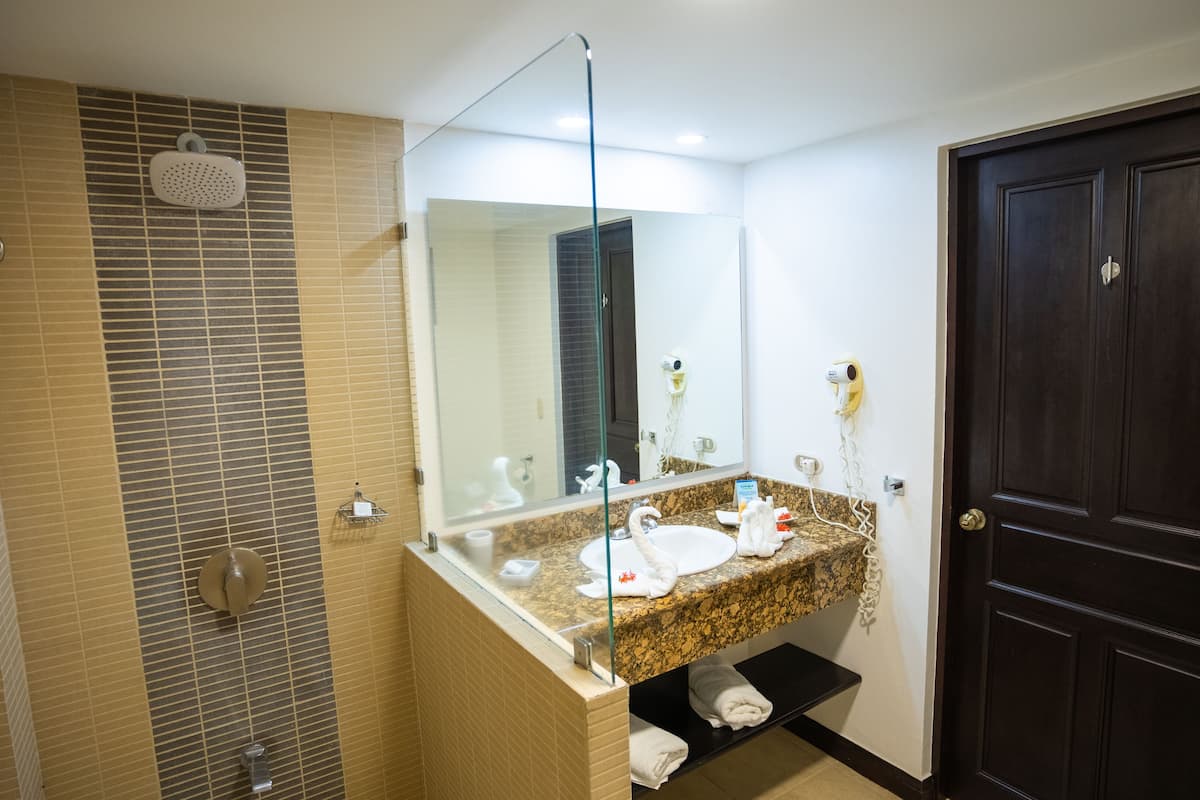 shower, eco-friendly toiletries, hair dryer, towels