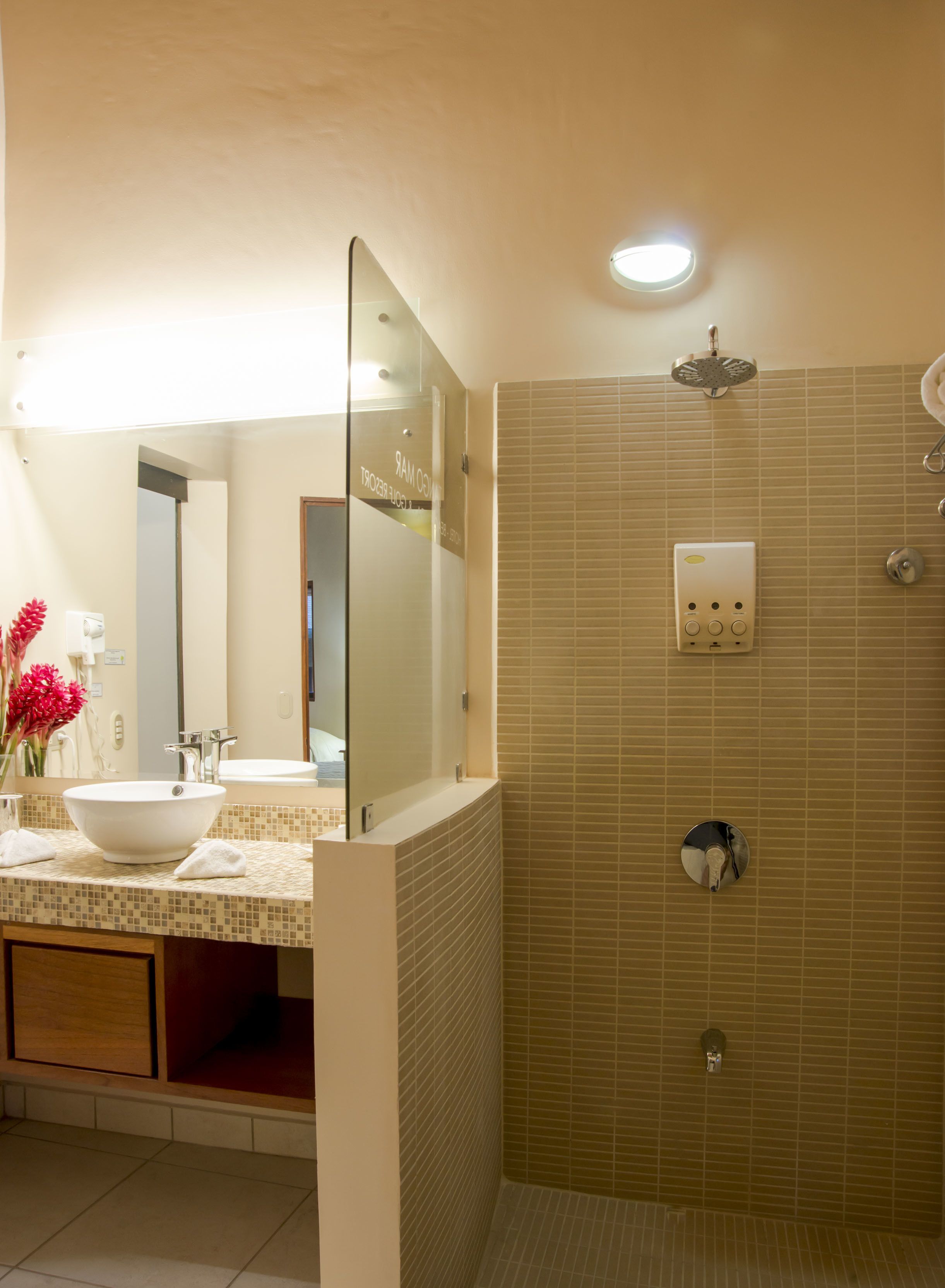 Un baño con lavamanos, espejo y ducha.