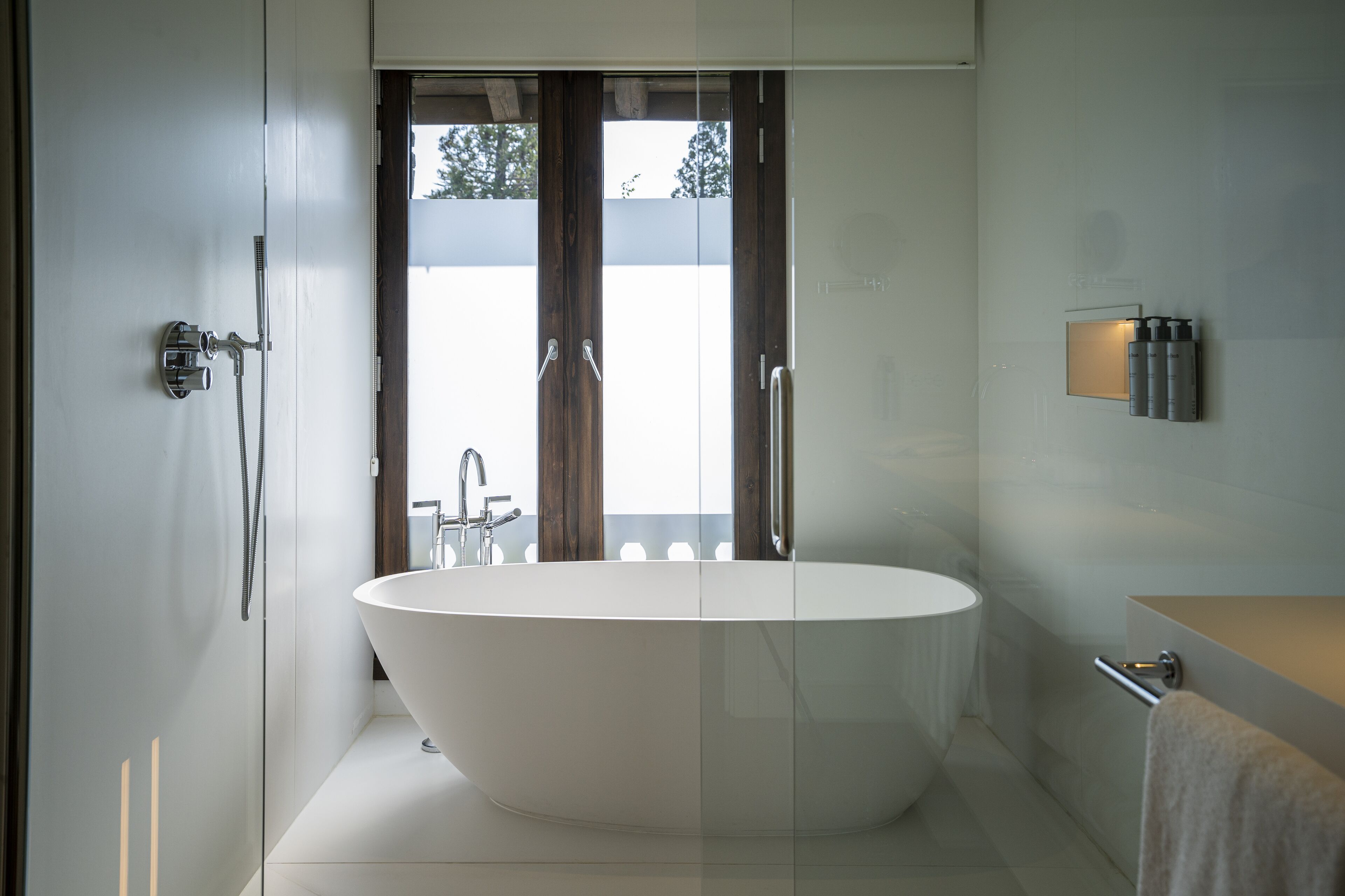 A modern bathroom with a freestanding bathtub, a glass-enclosed shower, and a visible outdoor view through the shower door.
