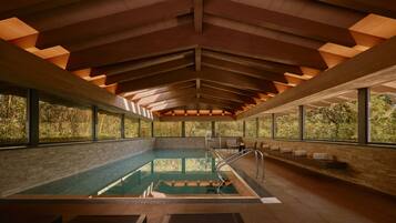An indoor swimming pool with a high ceiling and large windows.