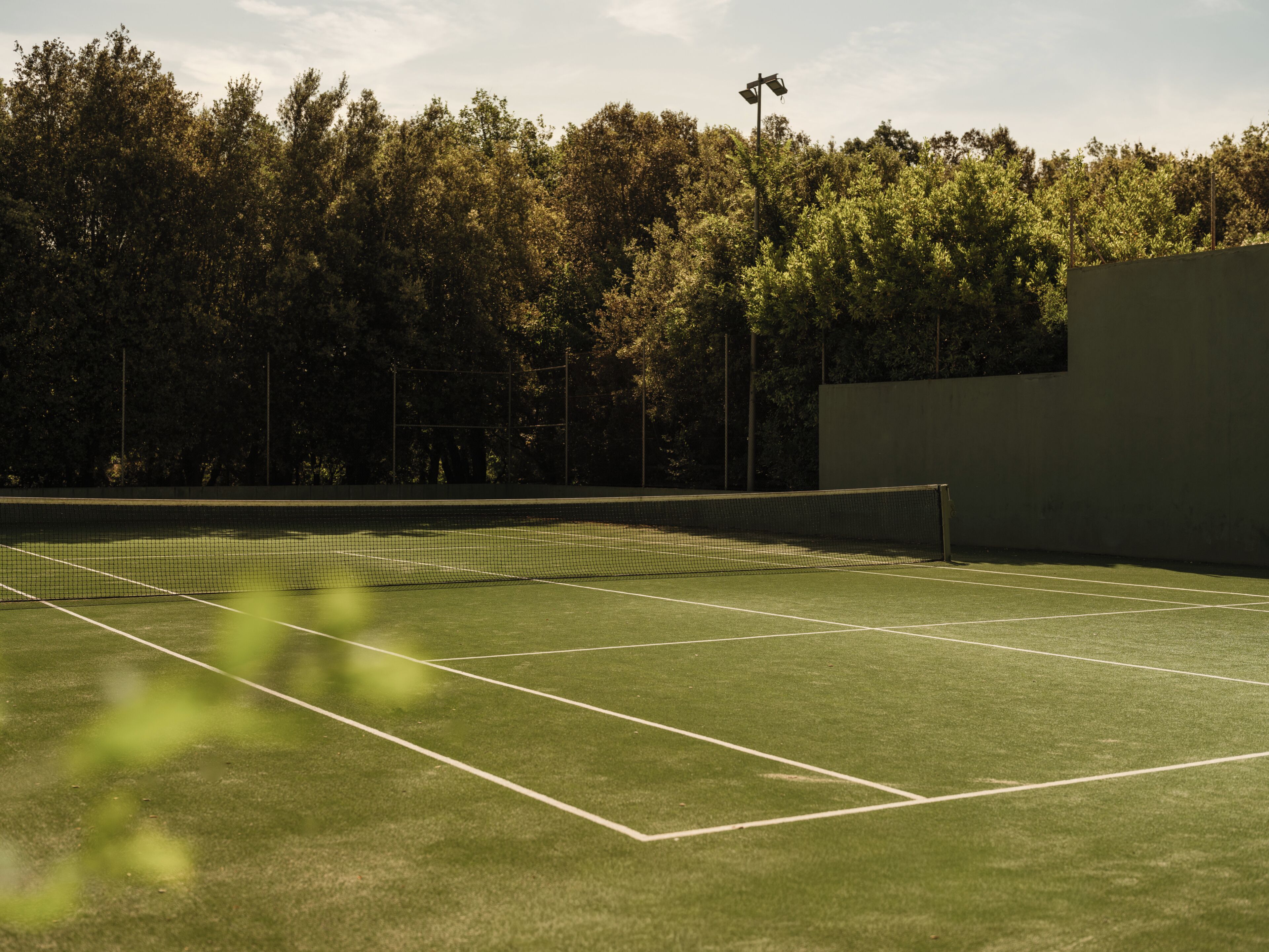Una cancha de tenis con una red, rodeada de árboles y un muro.