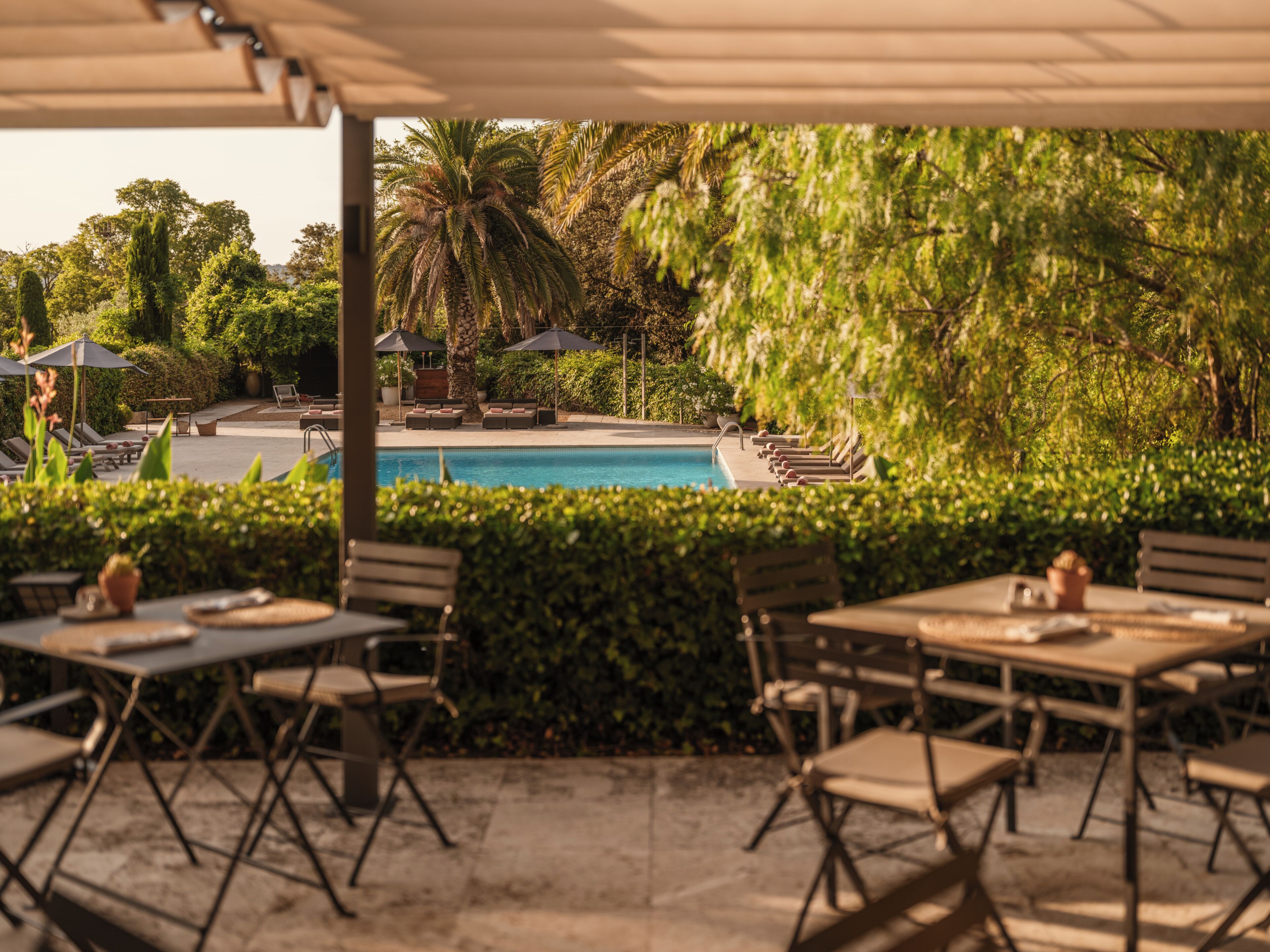 An outdoor seating area with tables and chairs, a pool, and surrounding greenery.