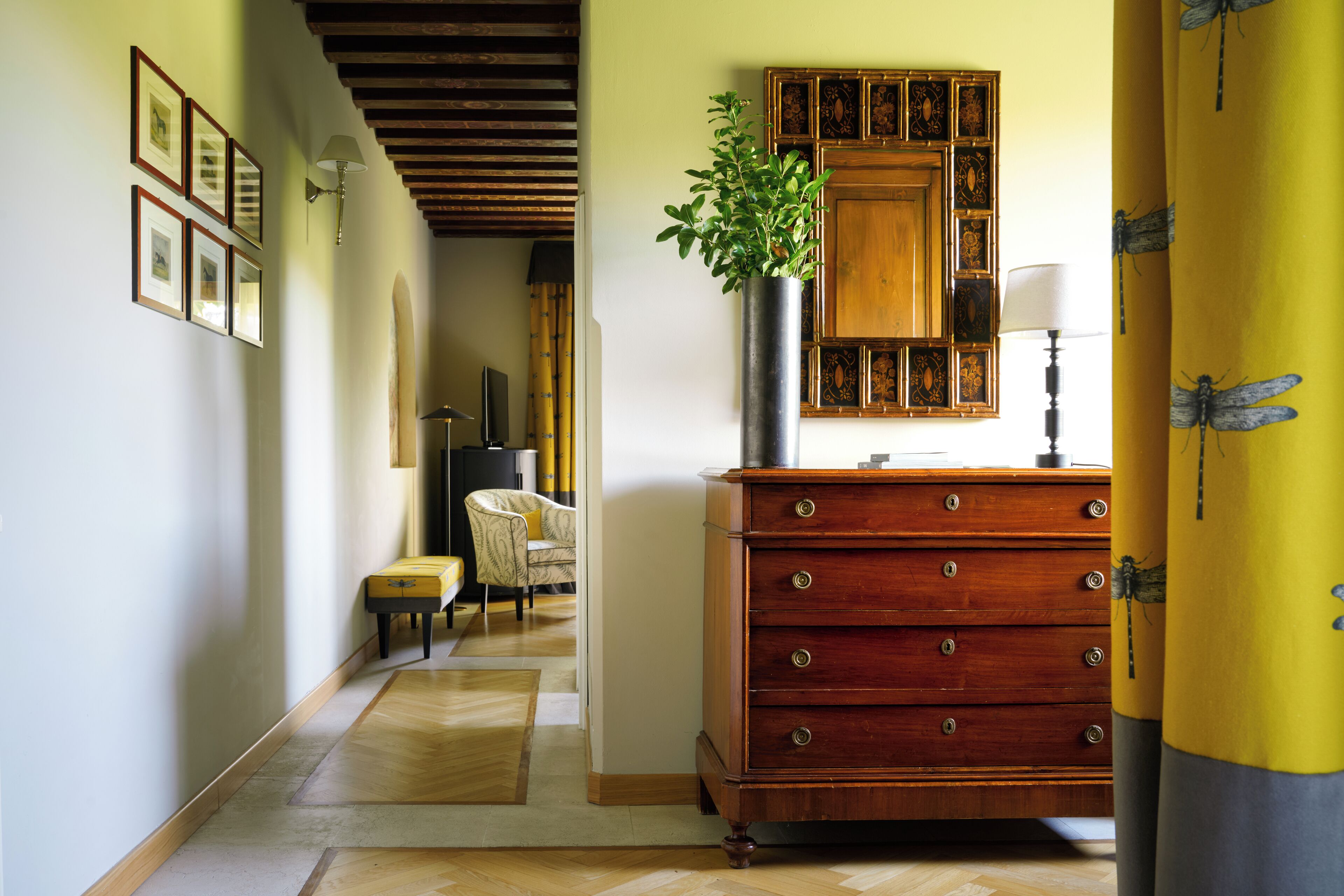 A hallway with a wooden dresser, a potted plant, framed pictures on the wall, and a yellow curtain with dragonfly prints.