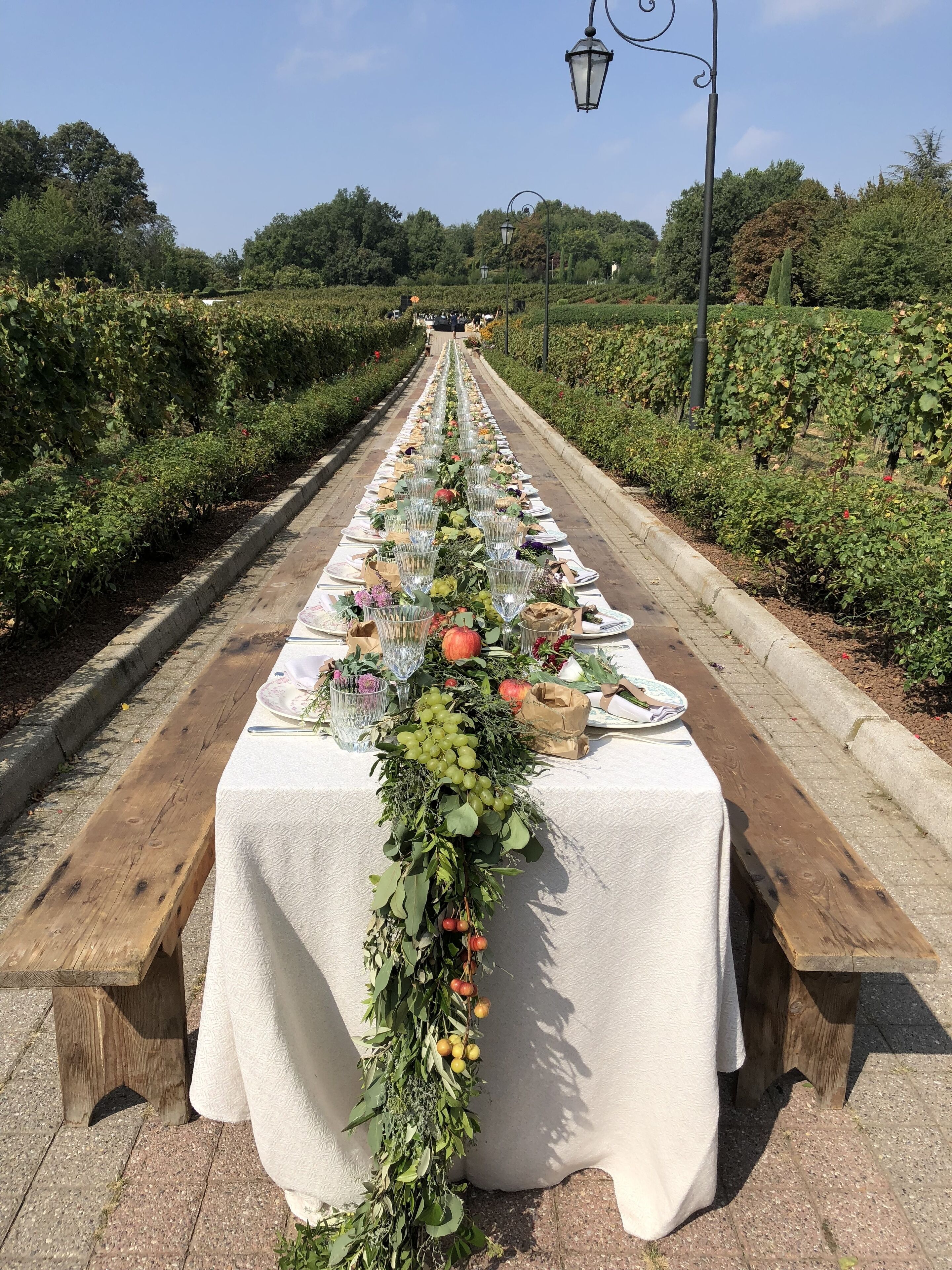A long table set up outdoors with white tablecloths and glassware, surrounded by greenery and benches.