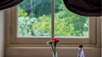 A window with curtains, a vase with a red flower, and a bottle on a table.