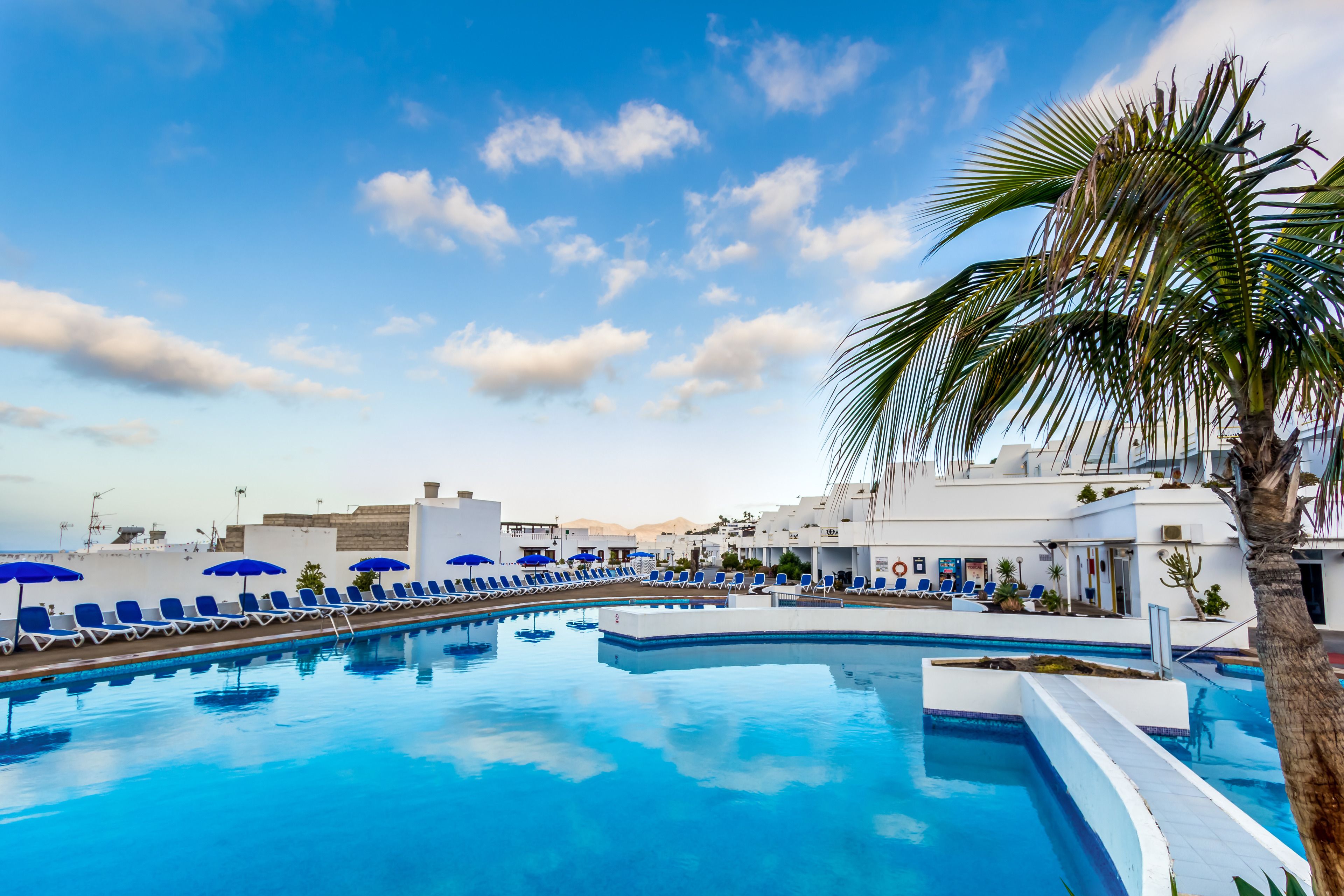 Una piscina con sillas reclinables azules y sombrillas, rodeada de palmeras y edificios blancos.