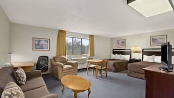 Suite, 2 Queen Beds, Non Smoking | Desk, laptop workspace, blackout drapes, iron/ironing board