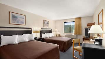 Room, 2 Queen Beds, Non Smoking | Desk, laptop workspace, blackout drapes, iron/ironing board