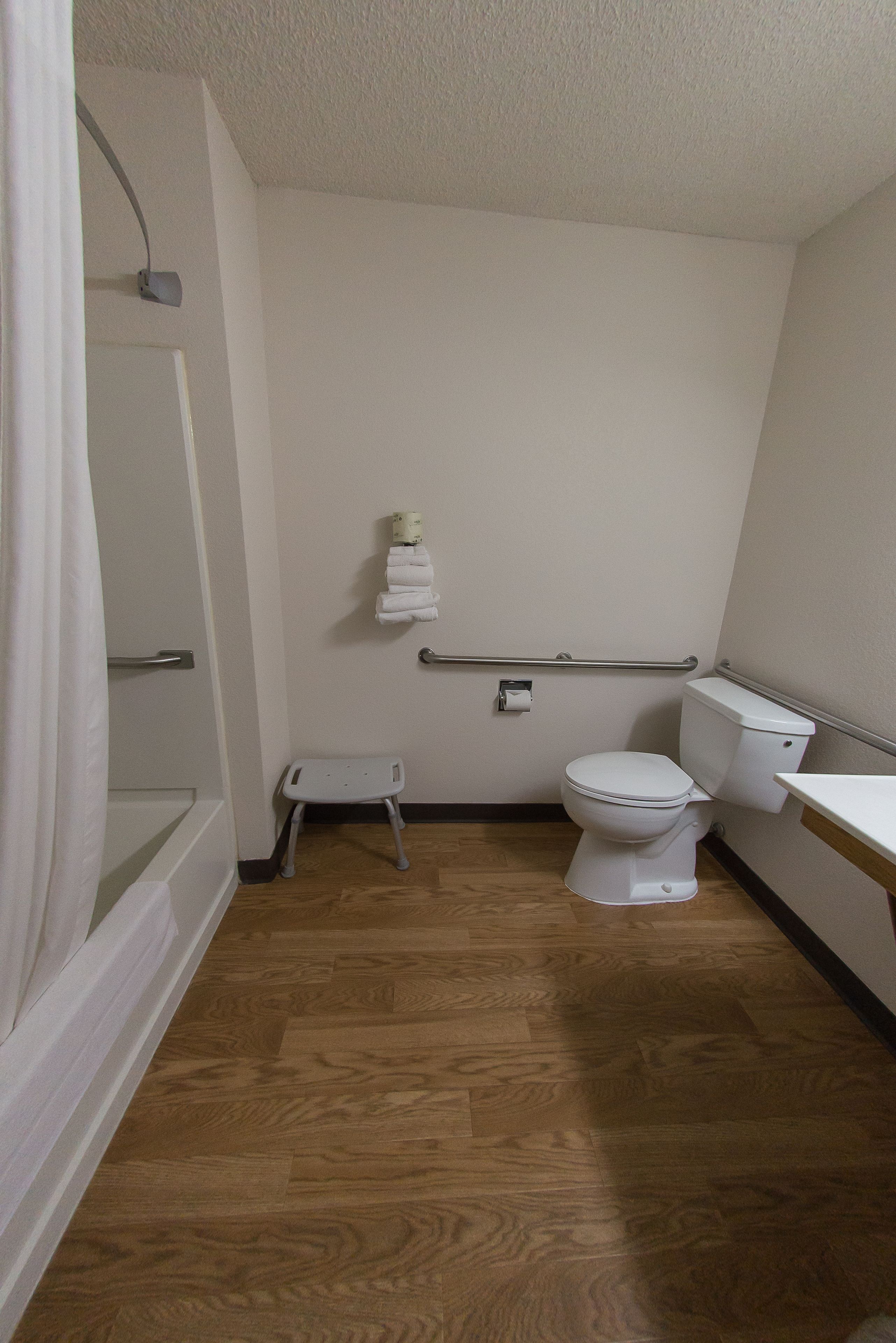 A small, clean bathroom with a toilet, a handrail, a small step stool, and a shower area.