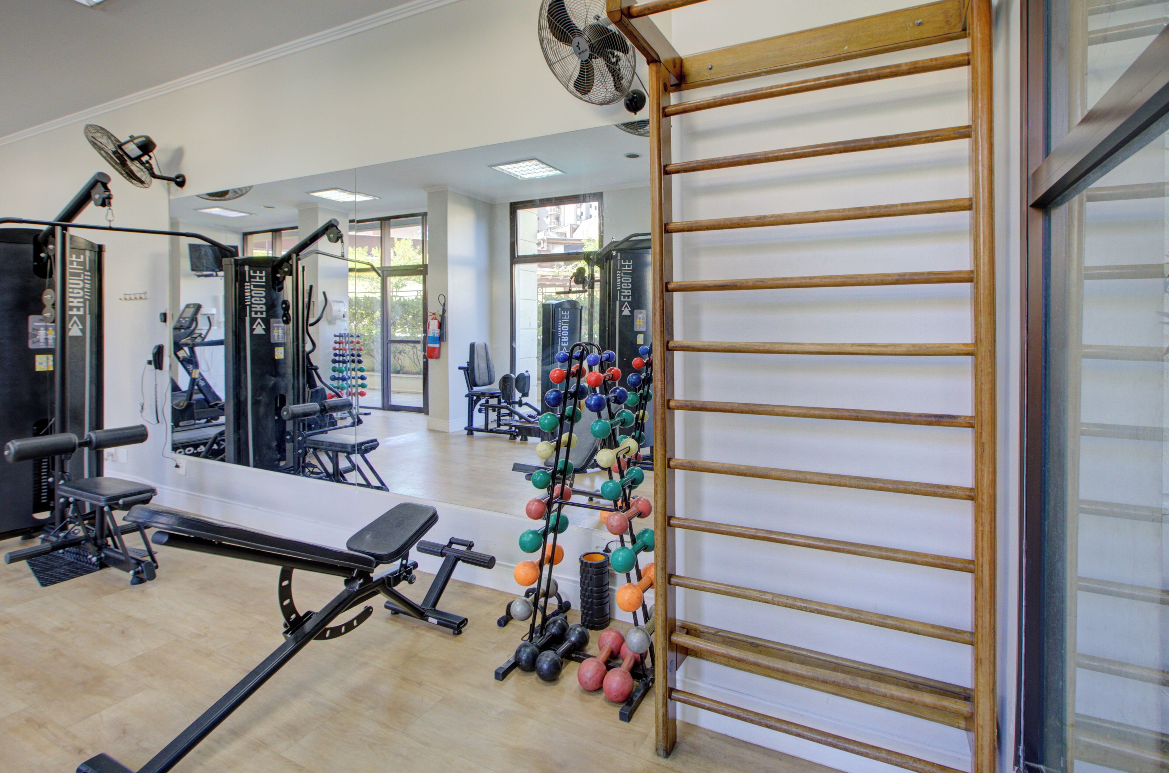 A gym with exercise equipment, a fan, and a wooden ladder.
