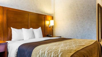 A hotel room with a wooden headboard, a bed with white and brown bedding, a nightstand with a phone, and a wall-mounted light fixture.