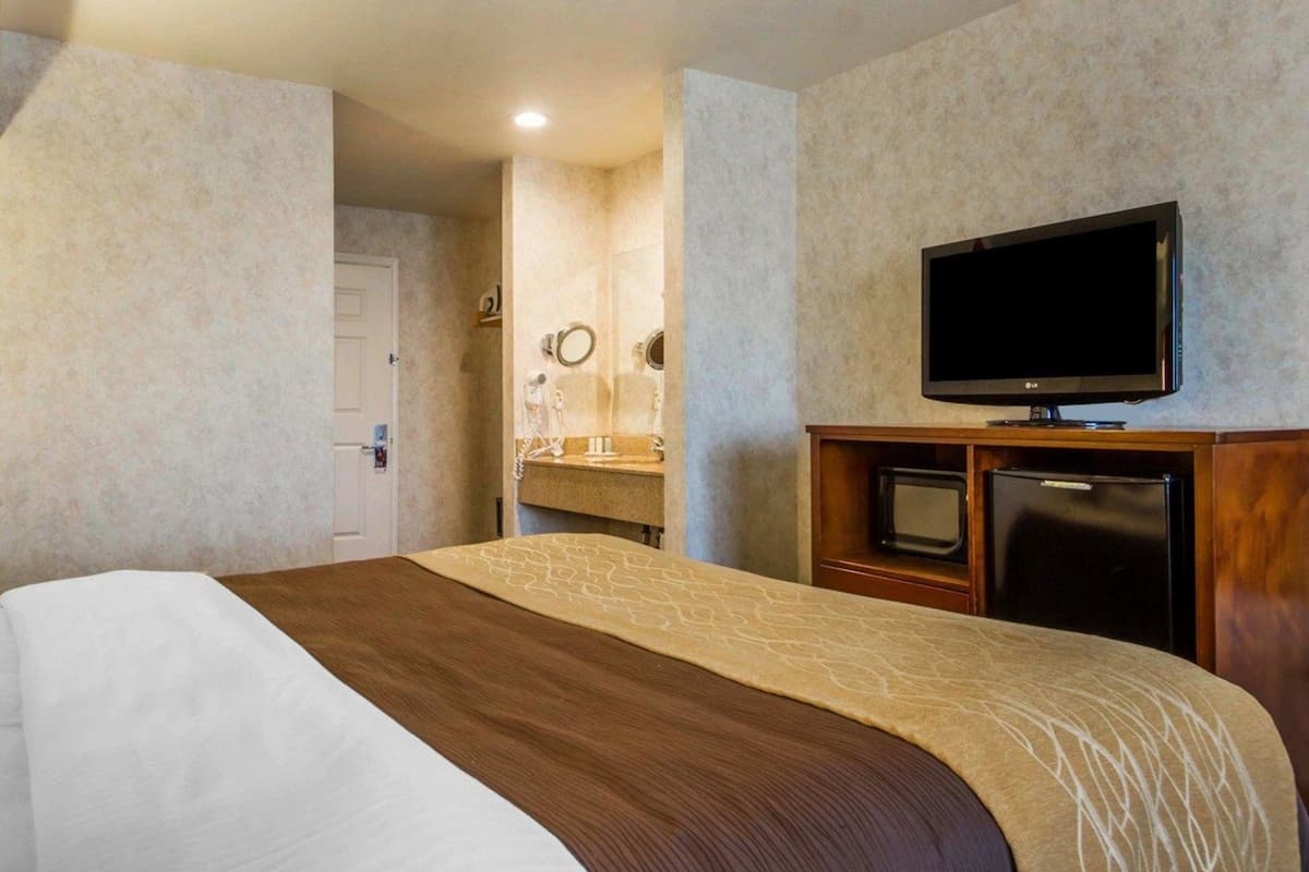 A hotel room with a large bed, a television, a minibar, and a bathroom visible through an open door.