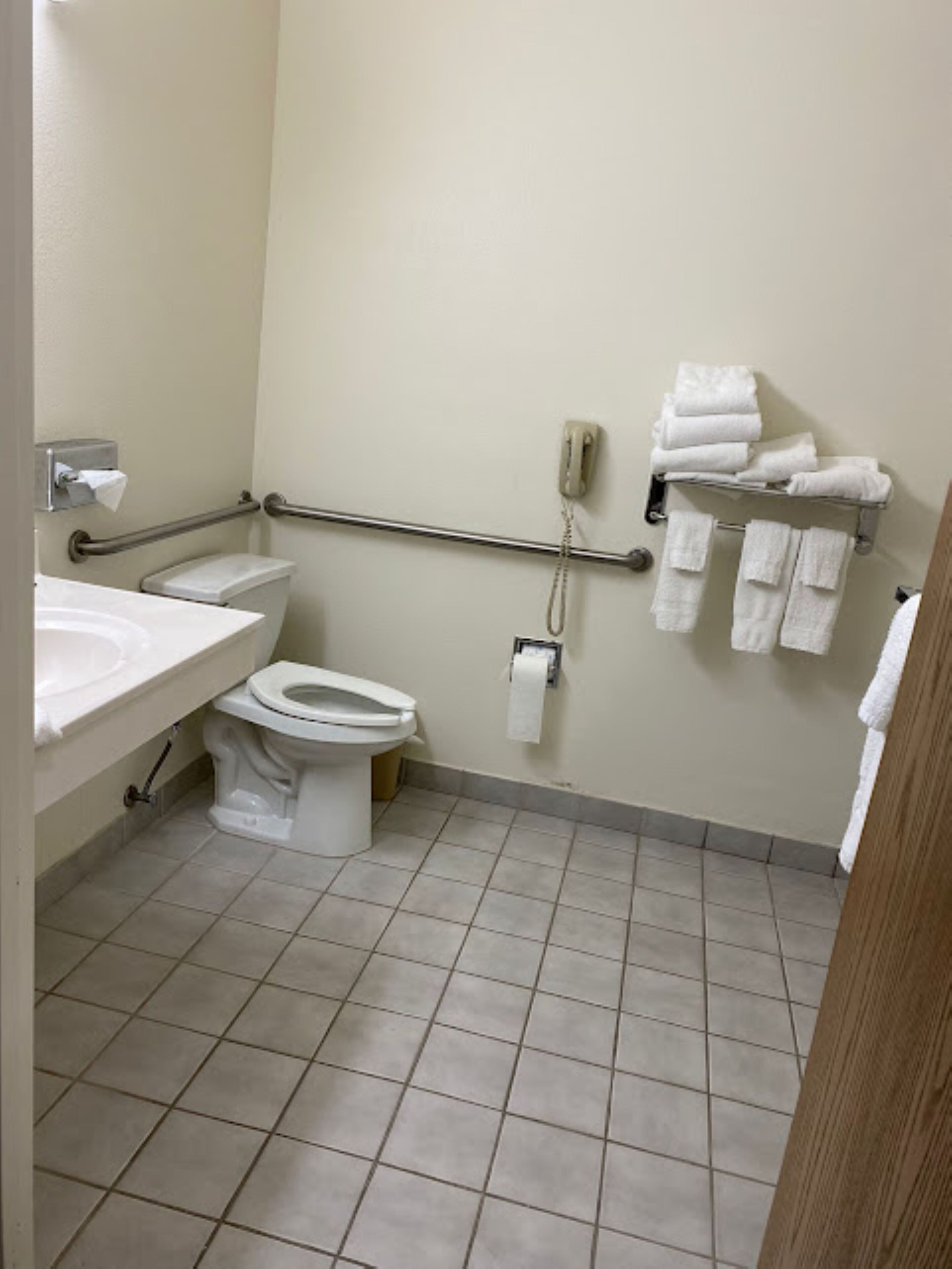 A small, clean bathroom with a toilet, sink, and handrail.