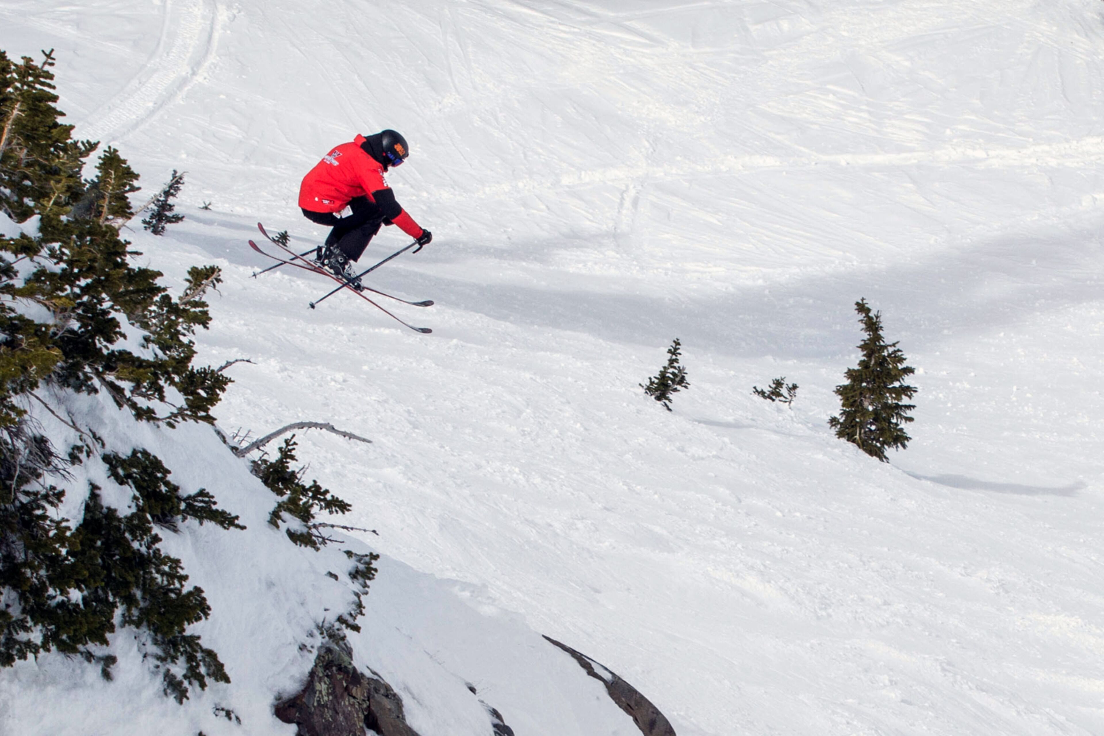 A person skiing down a snowy slope with trees on the left.