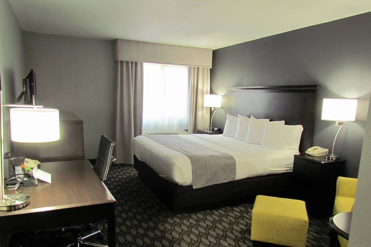Habitación de hotel con cama, lámparas de noche, escritorio y una silla.