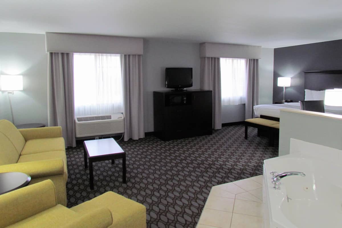 Habitación de hotel con cama, escritorio, televisor, sofá, aire acondicionado y baño con bañera y lavamanos.