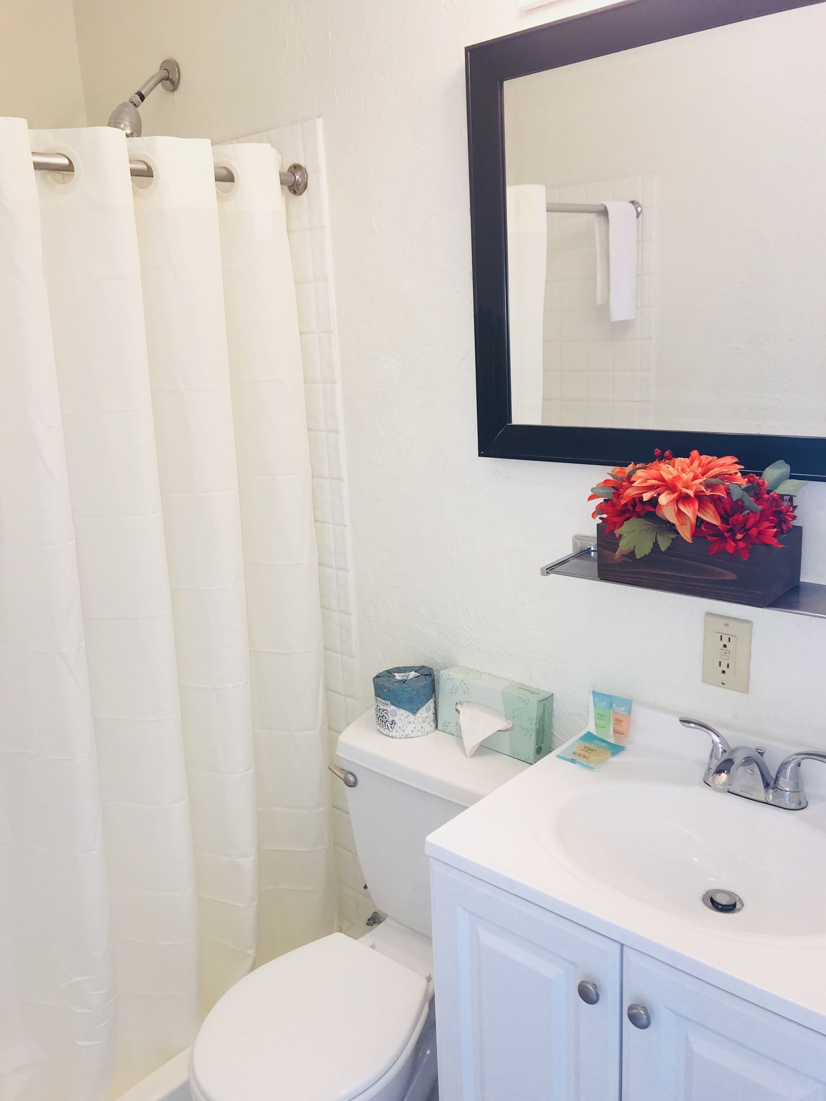combined shower/bathtub, free toiletries, towels