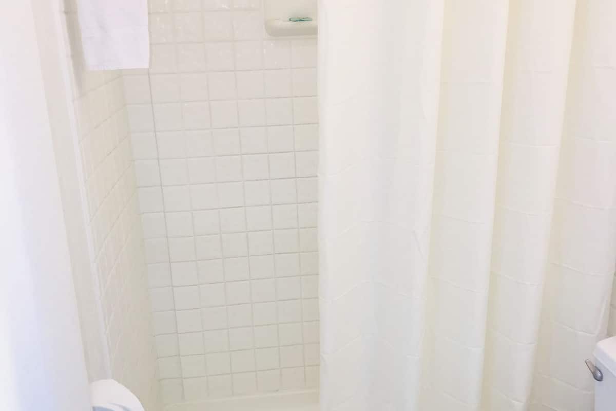 combined shower/bathtub, free toiletries, towels