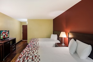 Una habitación de hotel con una cama, un televisor, una lámpara y una alfombra a cuadros.