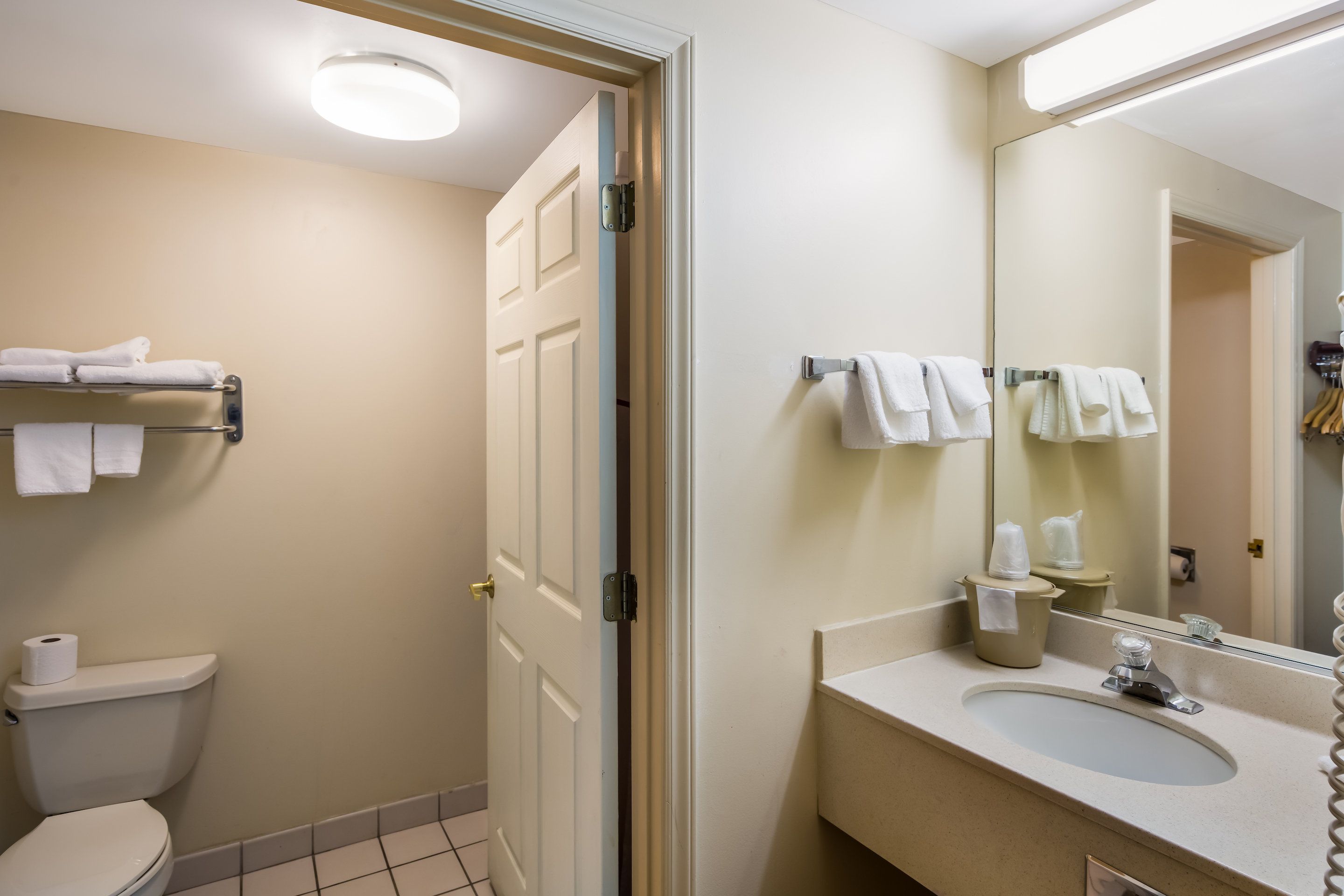 A bathroom with a toilet, a sink, a mirror, and towels on a rack.