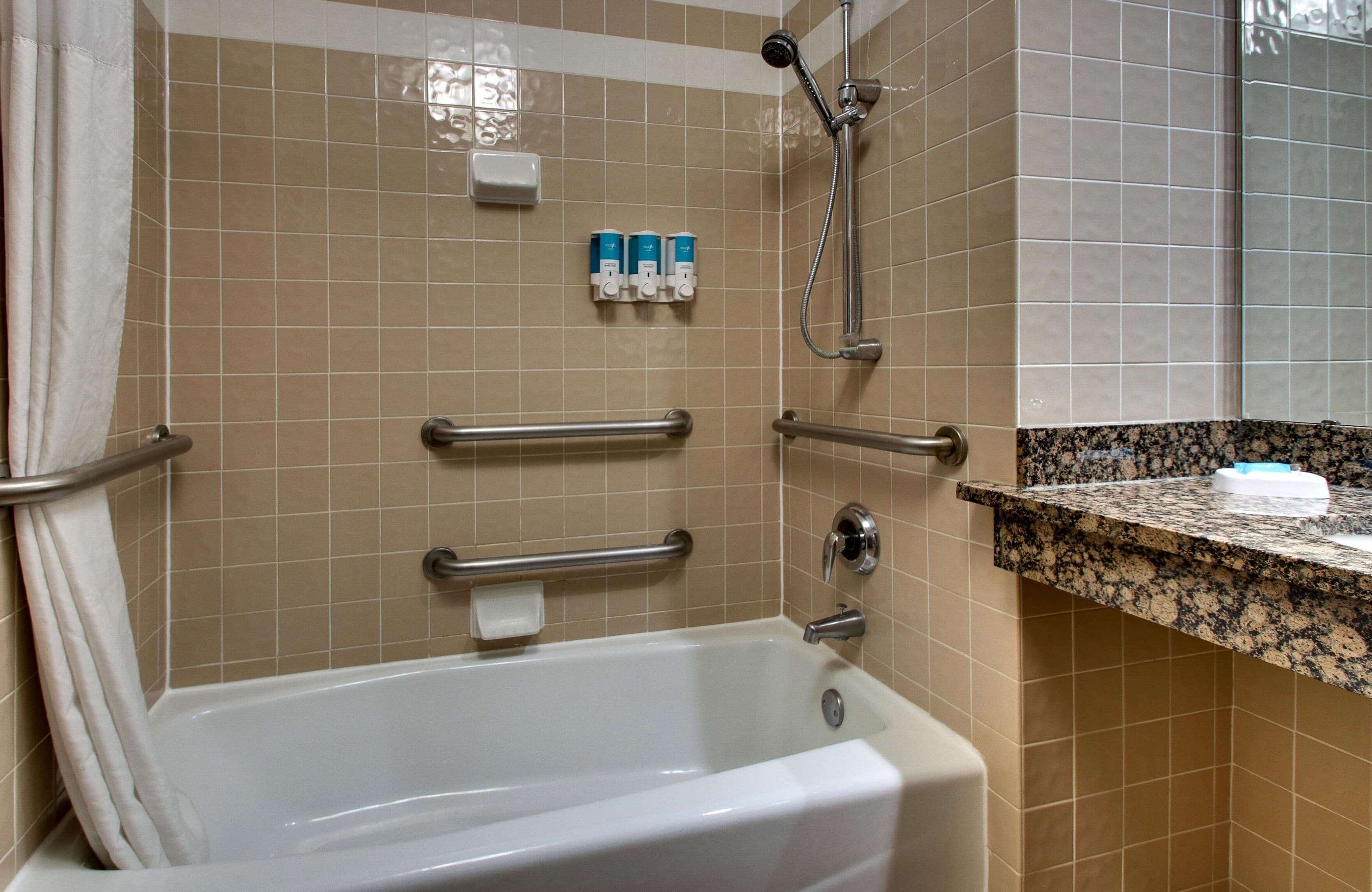 combined shower/bathtub, free toiletries, hair dryer, towels