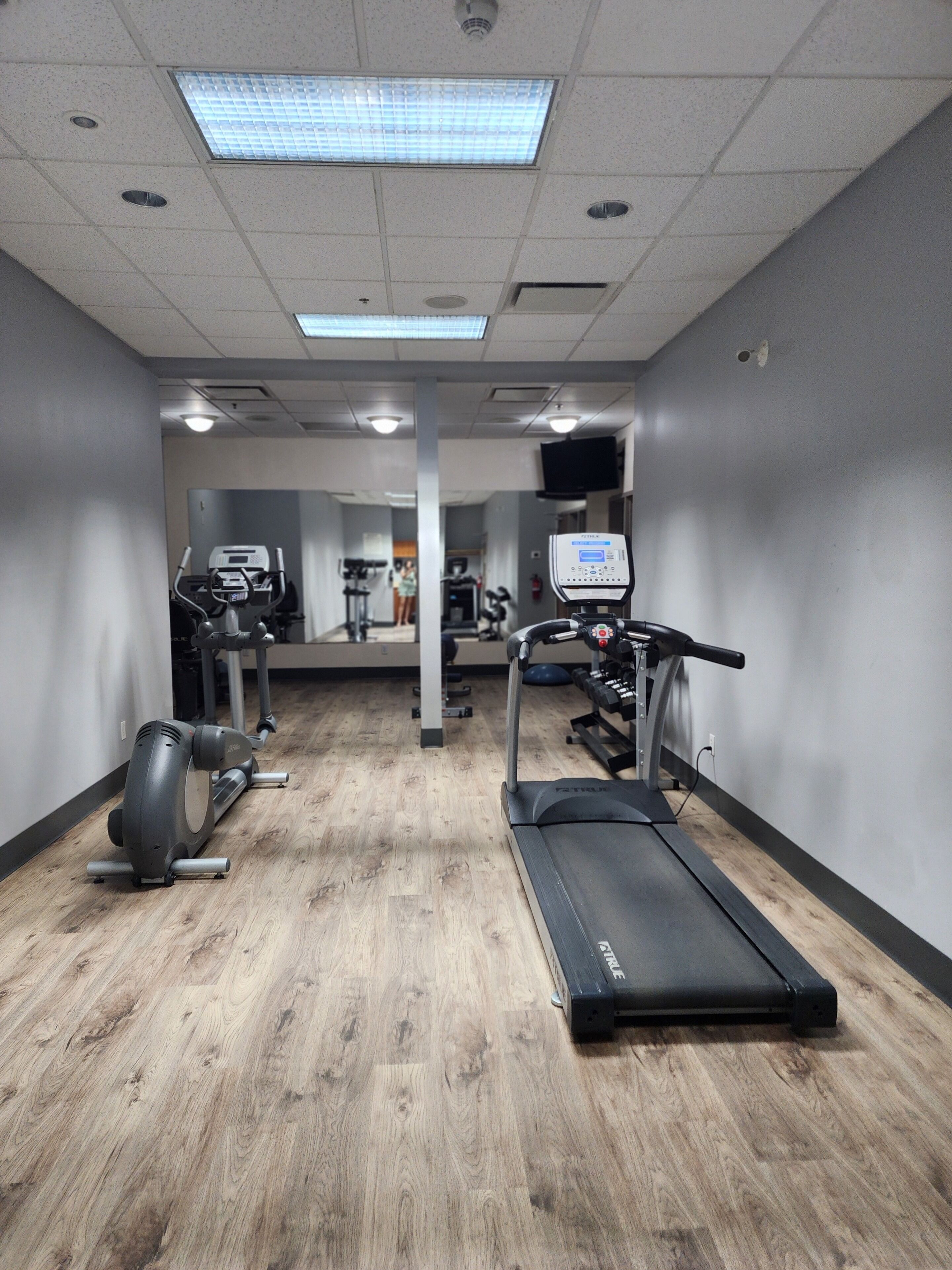 Un gimnasio con cintas de correr, elípticas y pesas sueltas.
