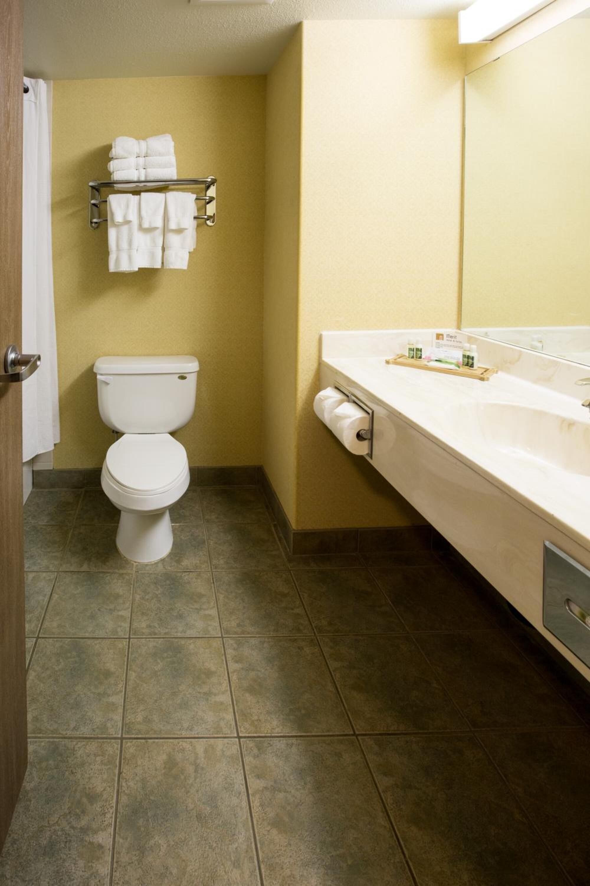 A bathroom with a toilet, a towel rack with folded towels, a sink with a mirror, and a toilet paper holder.
