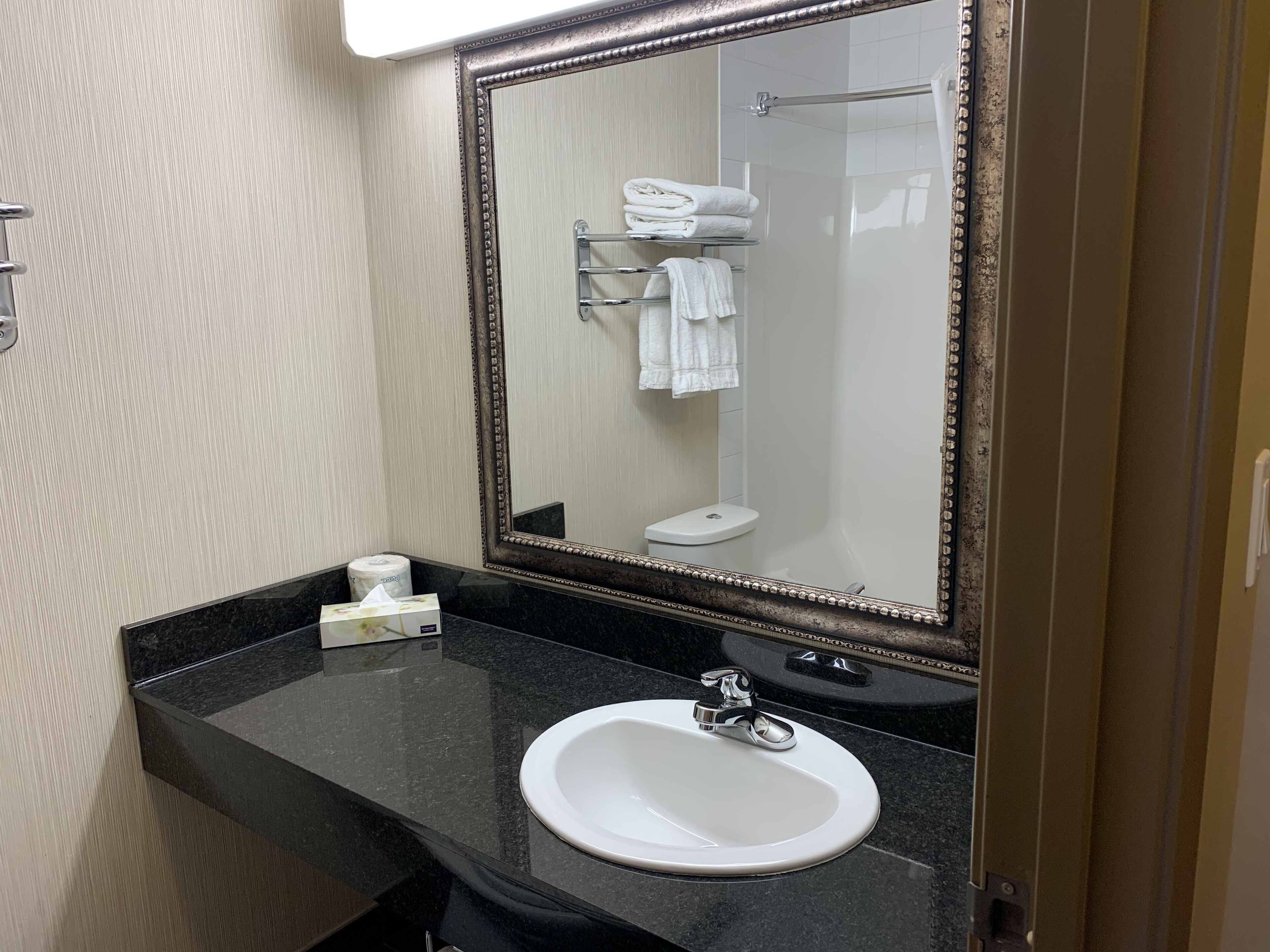 A bathroom with a white sink, a large mirror, and a towel rack.
