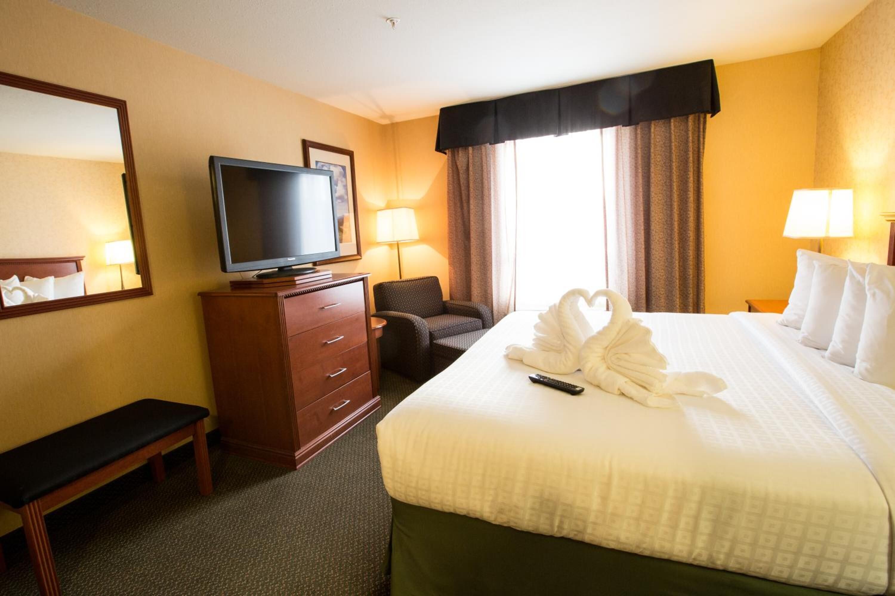 Quarto de hotel com uma cama, televisão, escrivaninha com luminária, cadeira e um banco.