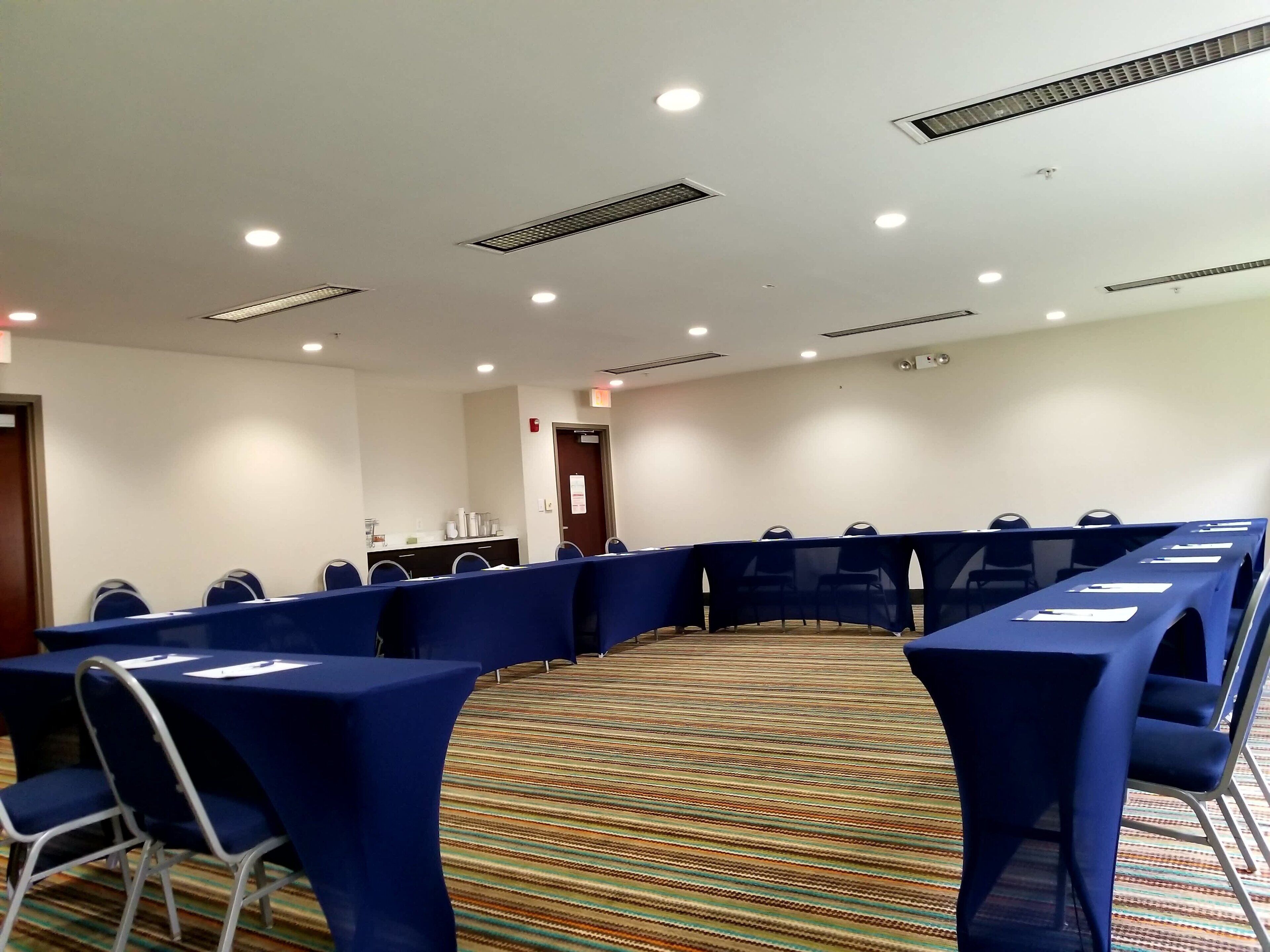 Une salle de conférence avec une longue table, des chaises et un sol recouvert de moquette.