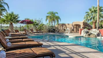 Outdoor pool, pool umbrellas, sun loungers