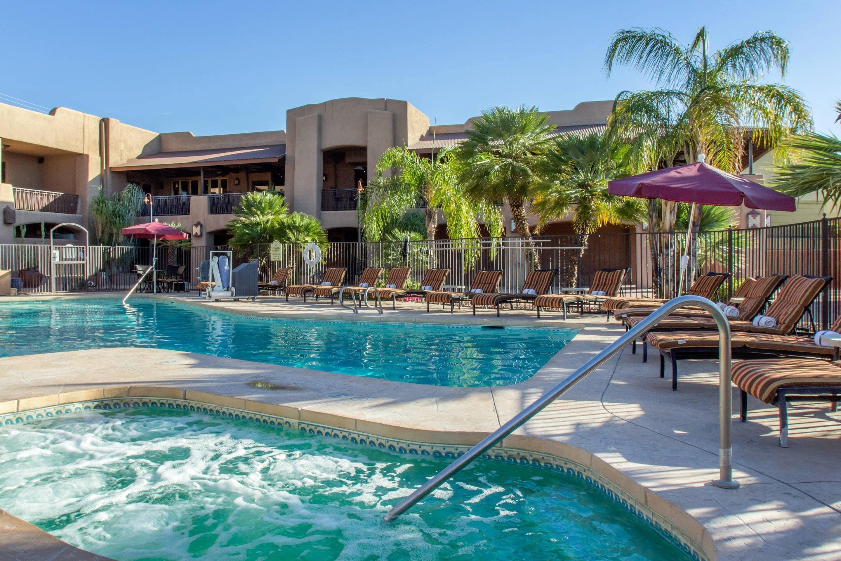 Outdoor pool, pool umbrellas, pool loungers