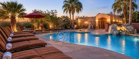 Outdoor pool, pool umbrellas, sun loungers