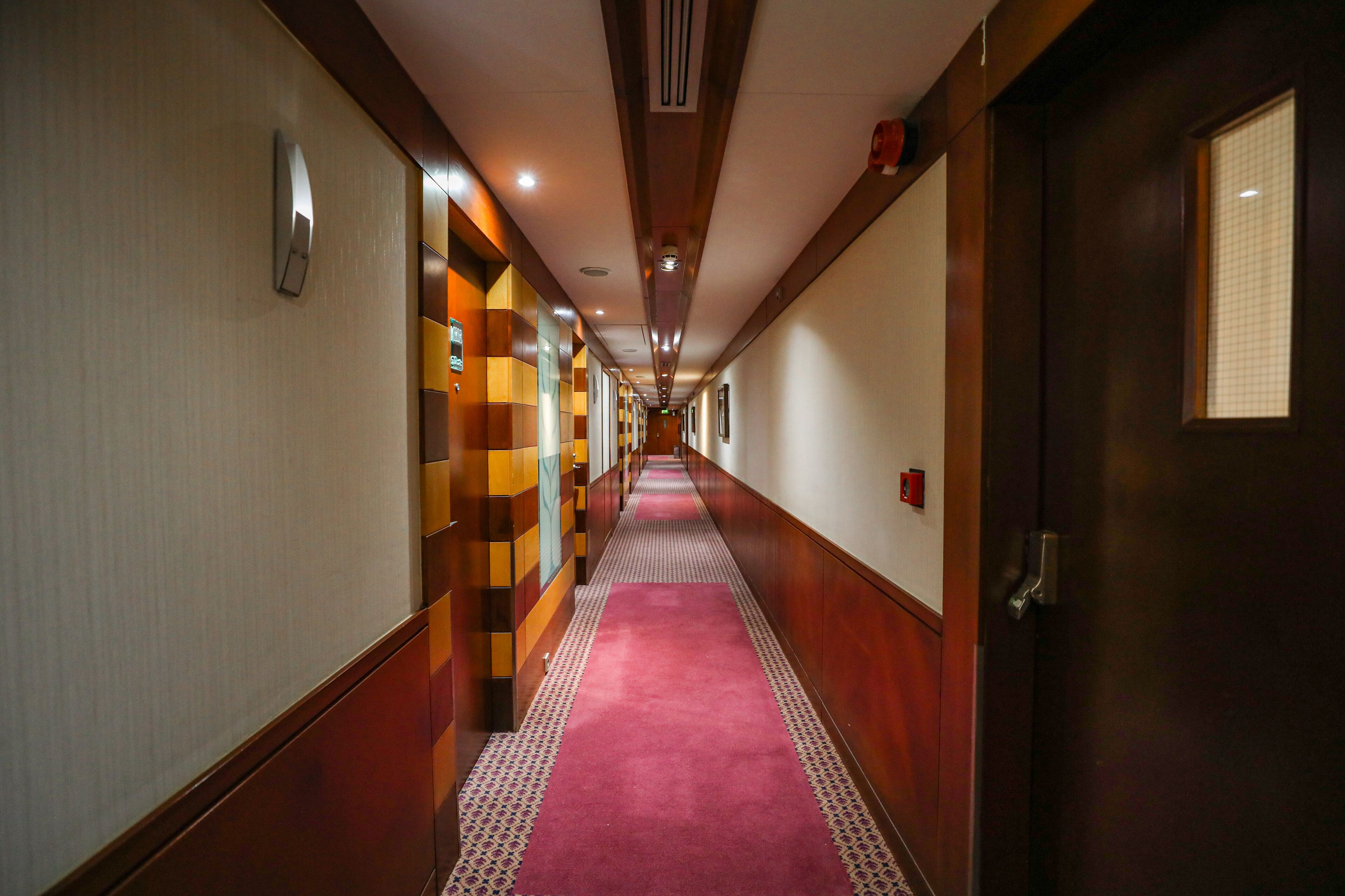 Un pasillo de hotel con alfombra roja, paneles de madera y una larga galería con puertas a ambos lados.
