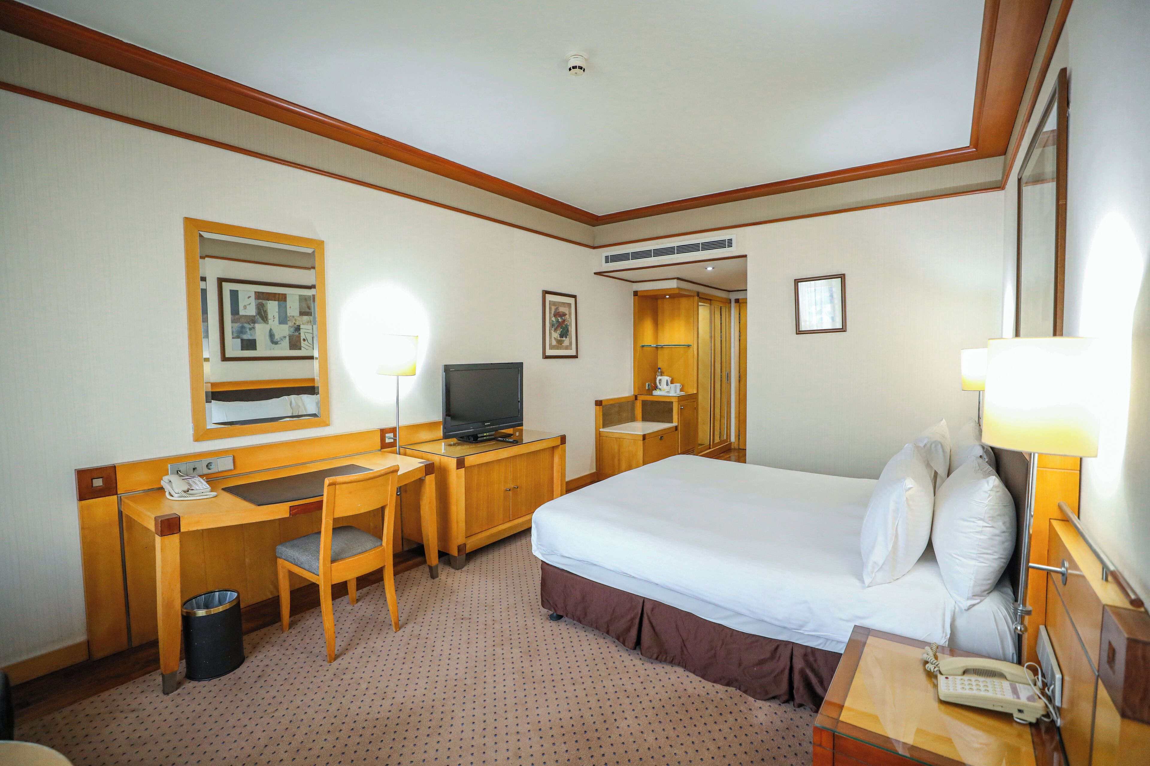 Una habitación de hotel con cama, escritorio, silla, televisor y un cubo de basura.