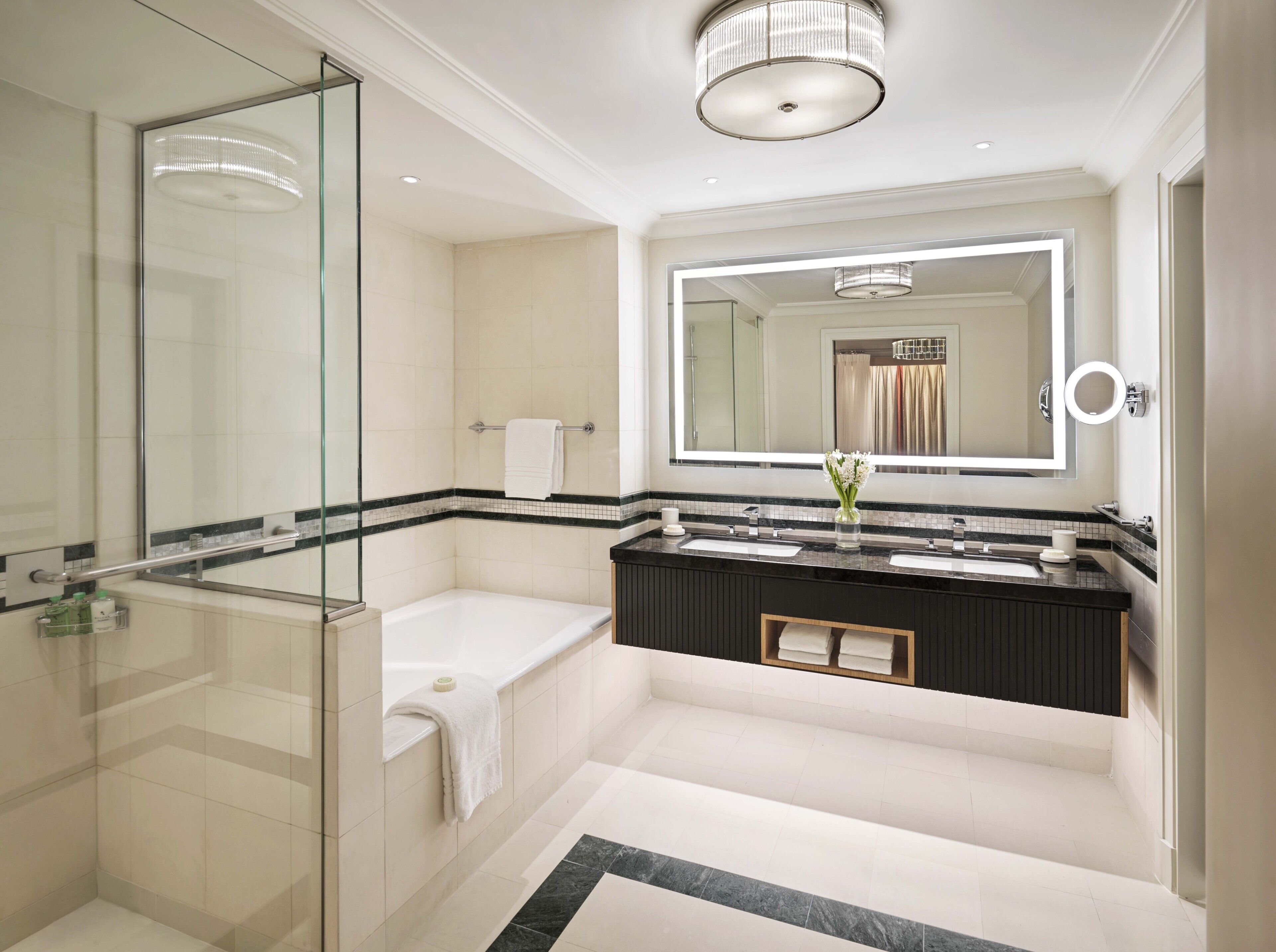 separate bathtub and shower, designer toiletries, hair dryer, bathrobes