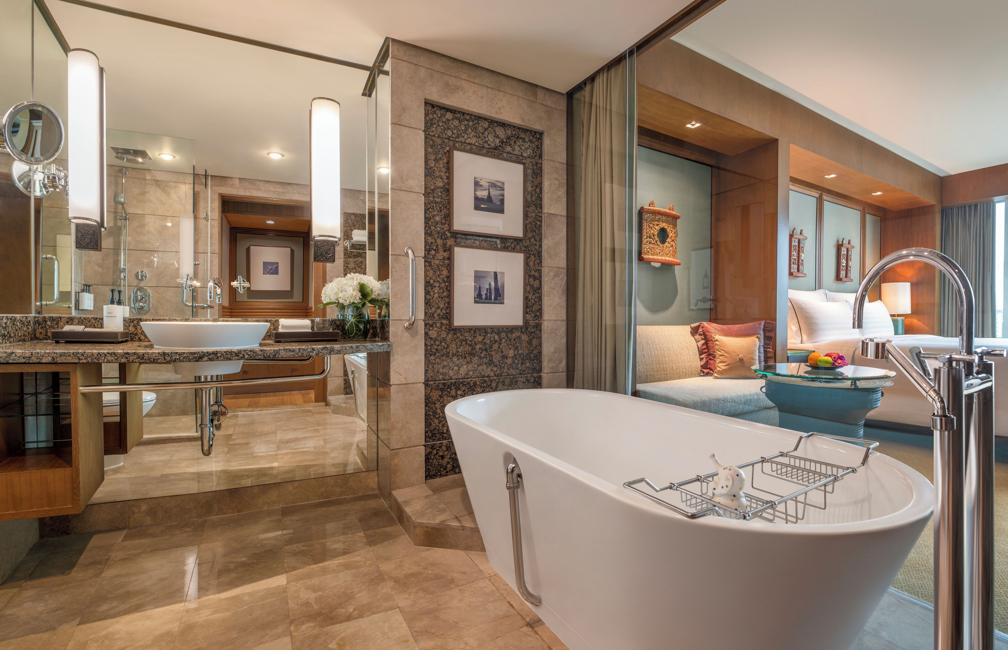 deluxe room, 1 king bed | bathroom | separate bathtub and shower, deep-soaking bathtub, rainfall showerhead