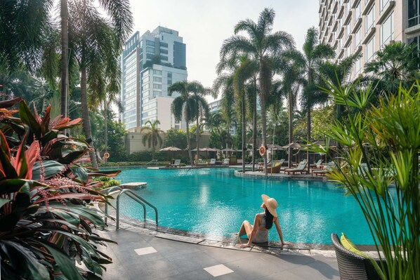 Outdoor pool, open 6:00 AM to 9:00 PM, pool umbrellas, sun loungers