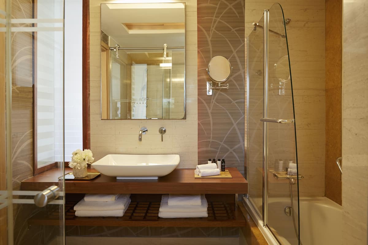 shower, designer toiletries, hair dryer, bathrobes