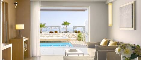 A modern living room with a pool view, a sofa, a coffee table, and a vase with flowers.