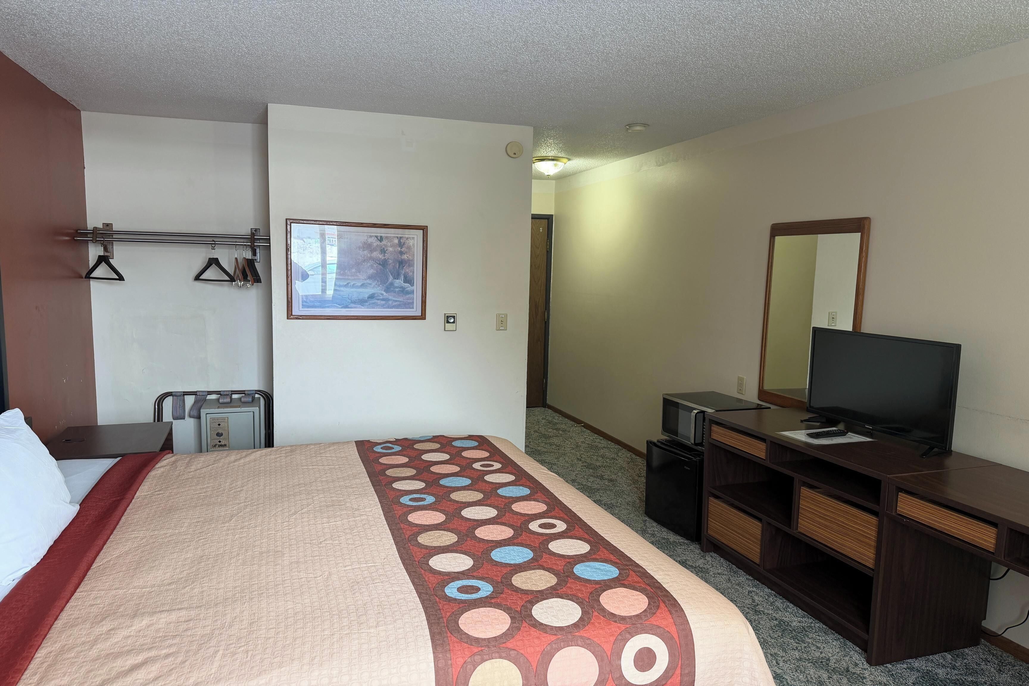 Une chambre d’hôtel avec un lit, un bureau avec une télévision, un porte-manteau et un tableau au mur.