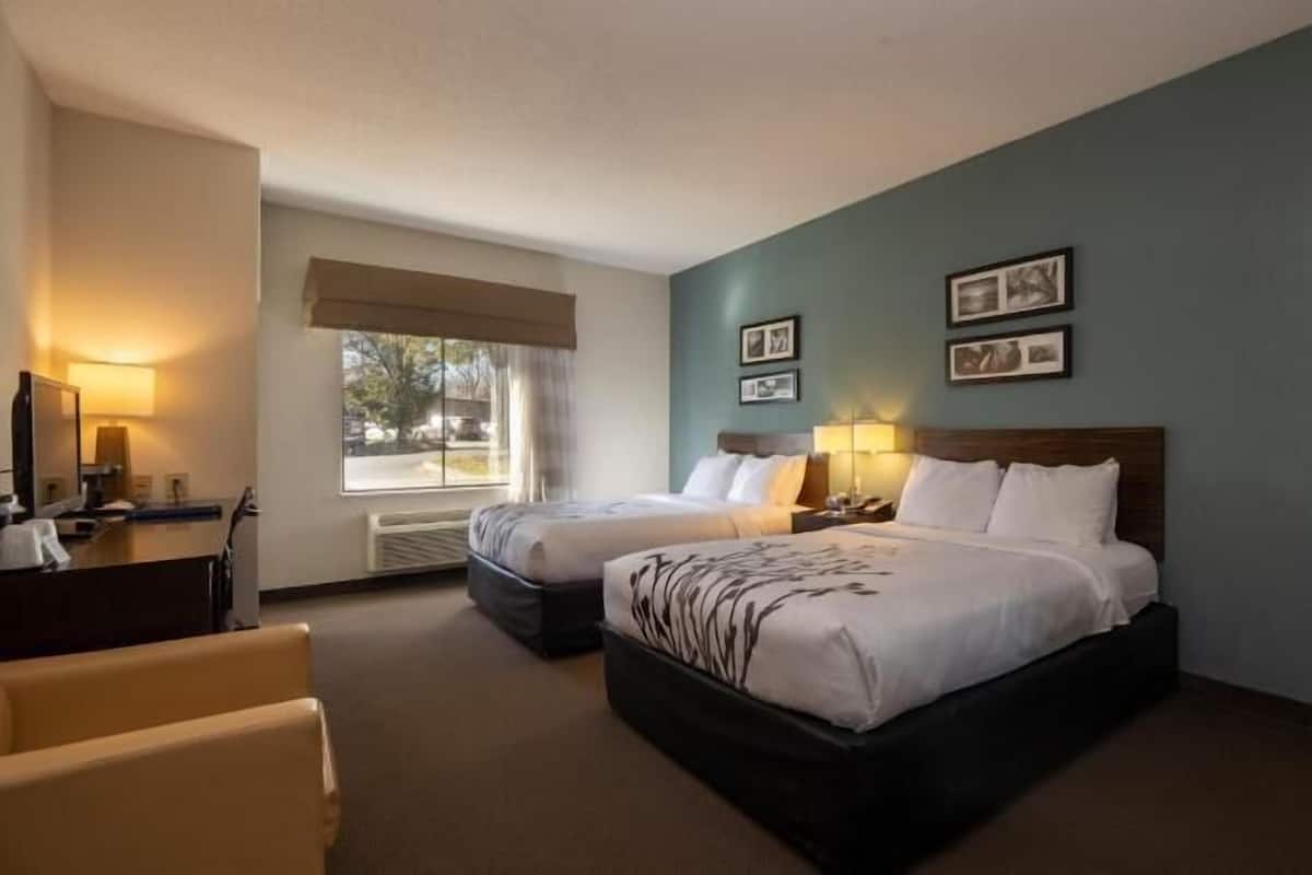 Une chambre d’hôtel avec deux lits, un bureau avec une chaise, une fenêtre donnant sur un paysage agréable et une salle de bain visible par une porte ouverte.