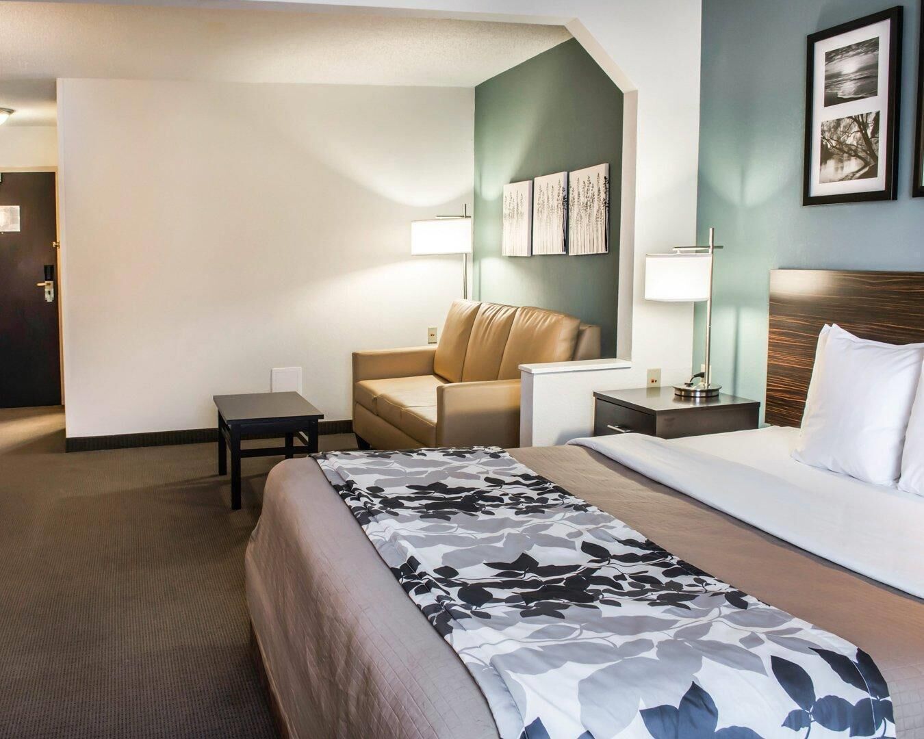 A hotel room with a bed, a sofa, a small table, and a nightstand.